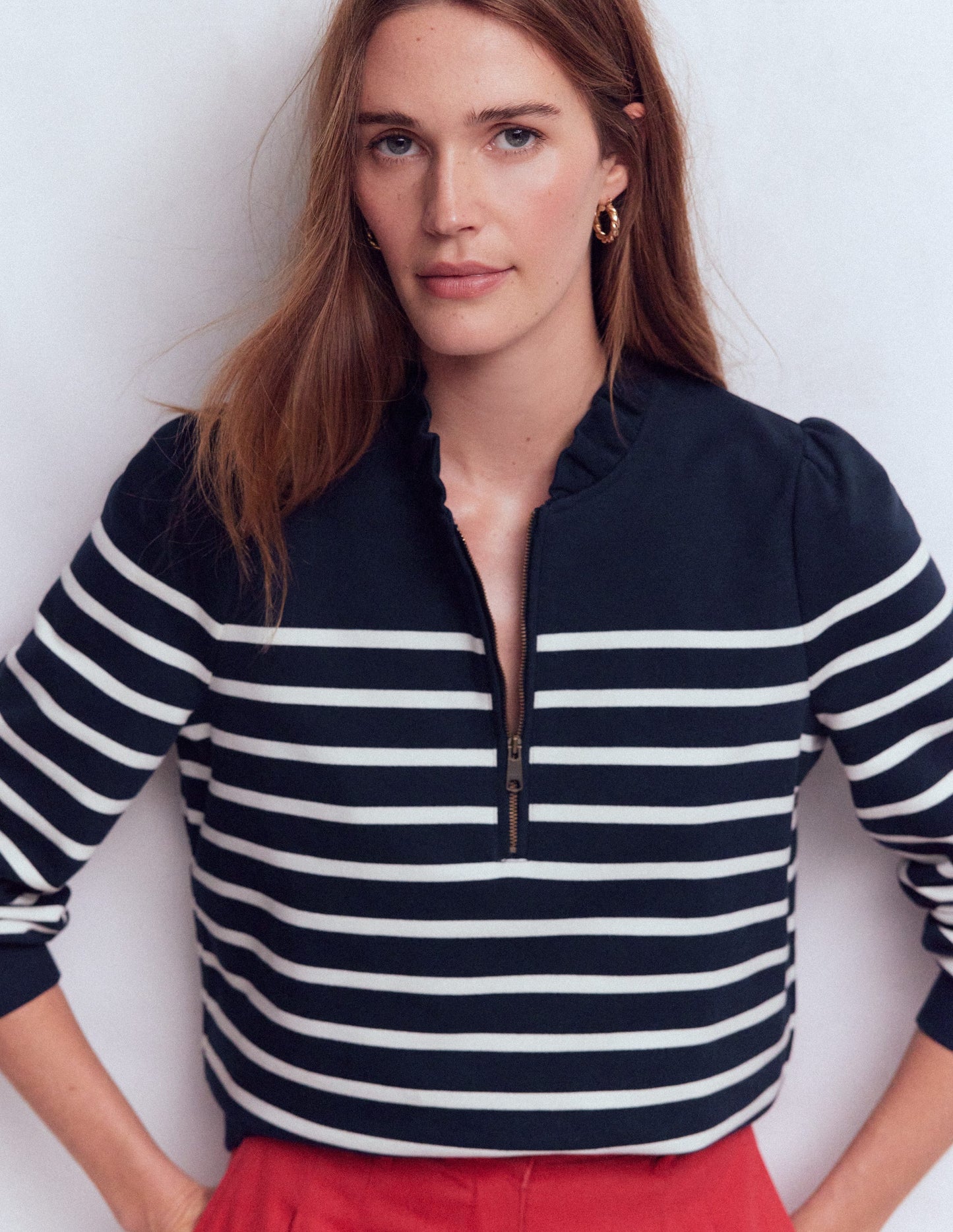 Half-Zip Frill Sweatshirt-Navy, Ivory Stripe