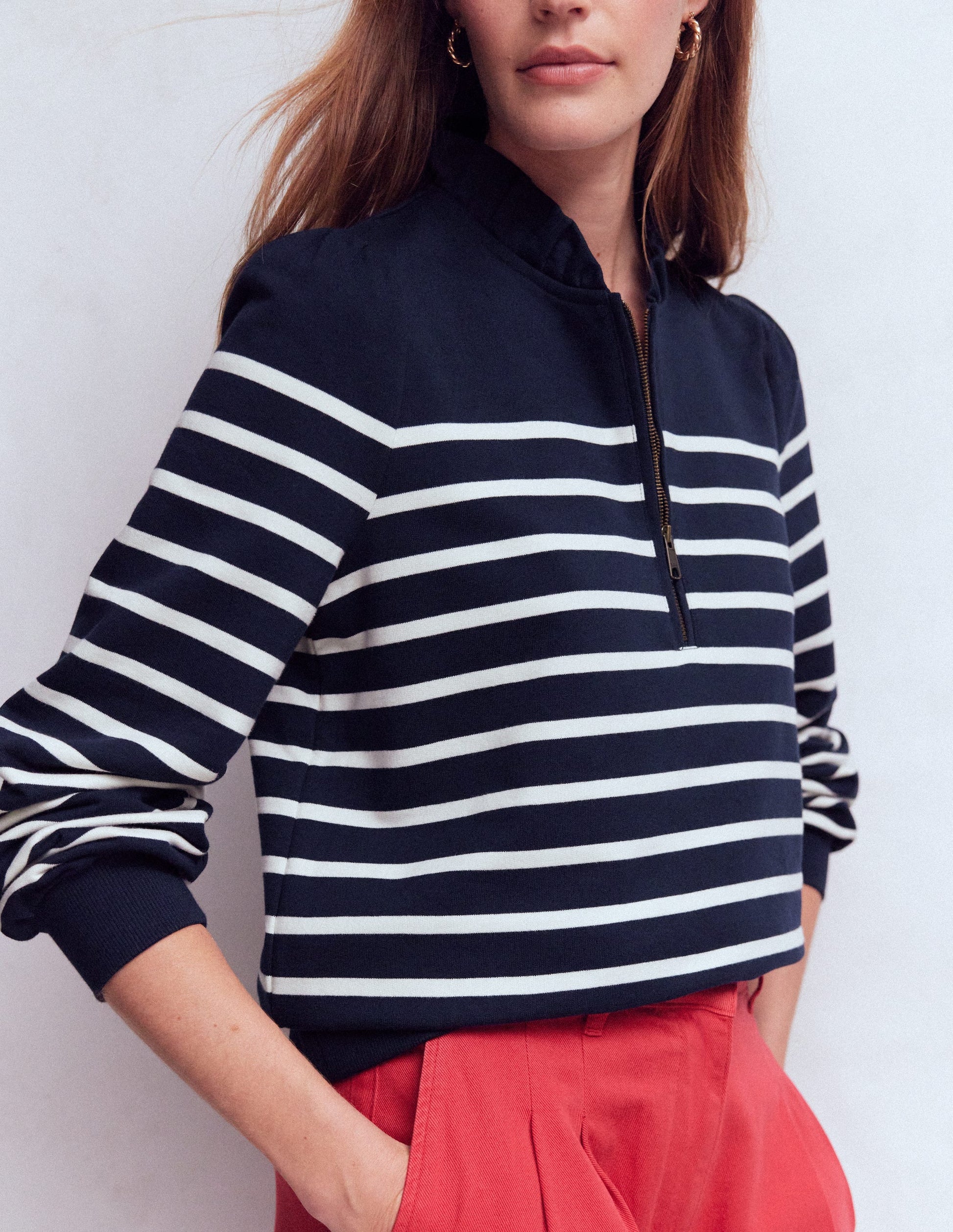 Half-Zip Frill Sweatshirt-Navy, Ivory Stripe-5