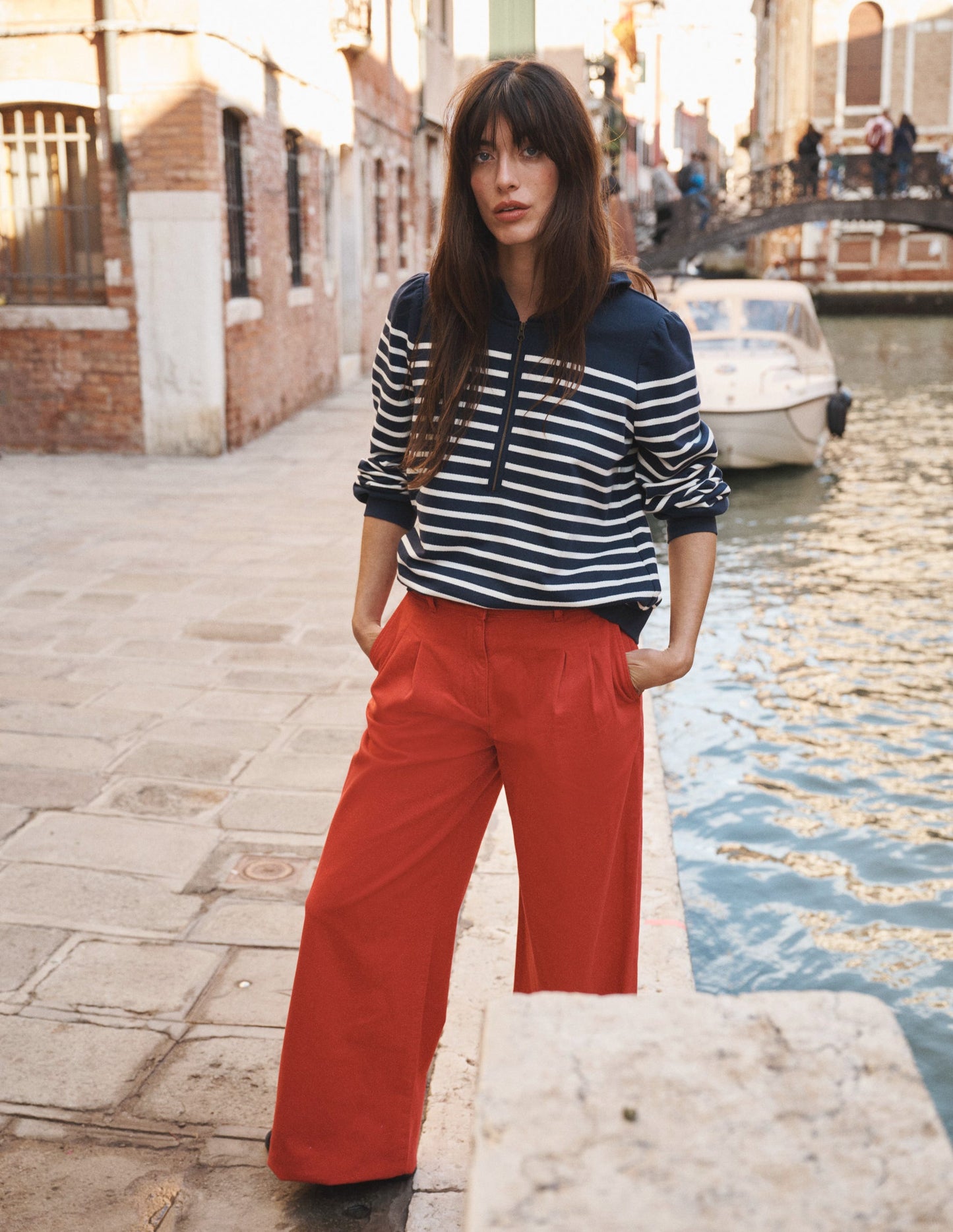 Half-Zip Frill Sweatshirt-Navy, Ivory Stripe