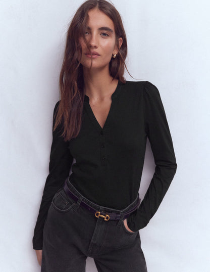 Supersoft Open Neck Henley-Black-1