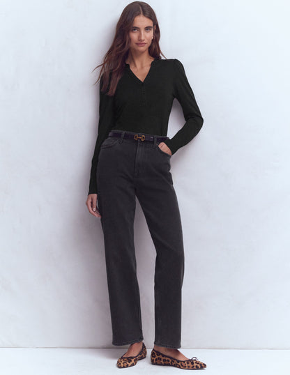 Supersoft Open Neck Henley-Black-4