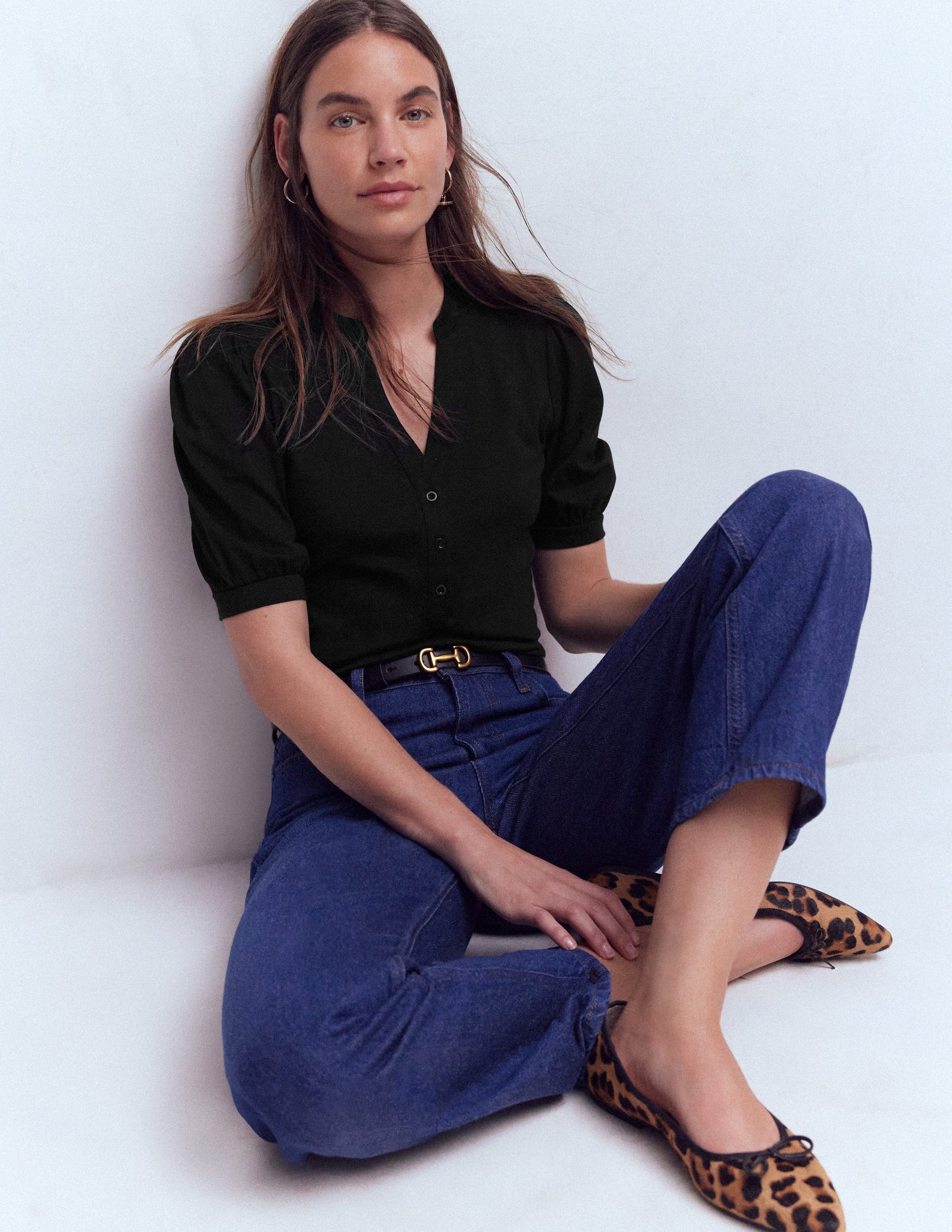 Short Sleeve Open Neck Henley-Black-1