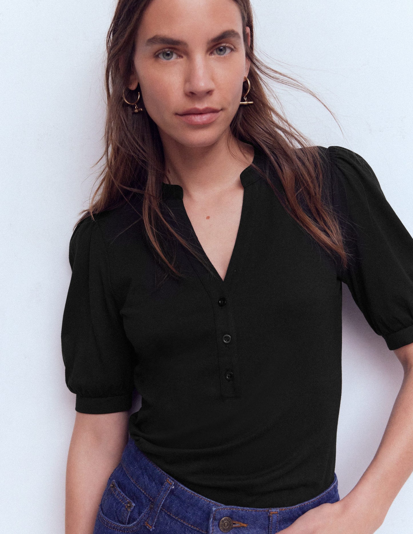 Short Sleeve Open Neck Henley-Black