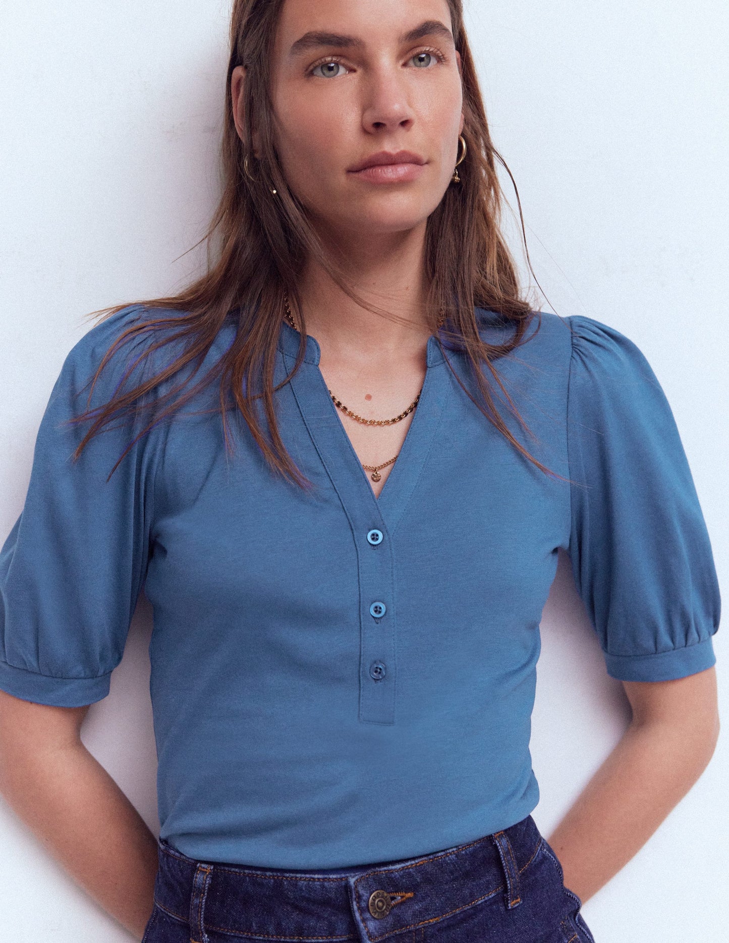 Short Sleeve Open Neck Henley-True Navy