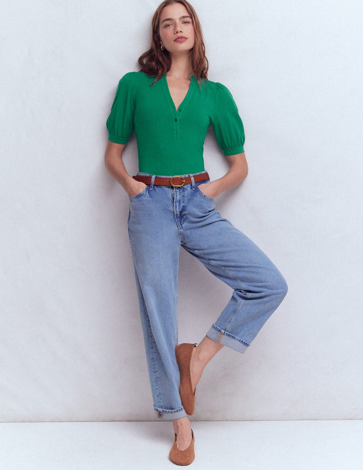 Short Sleeve Open Neck Henley-Jewel Green