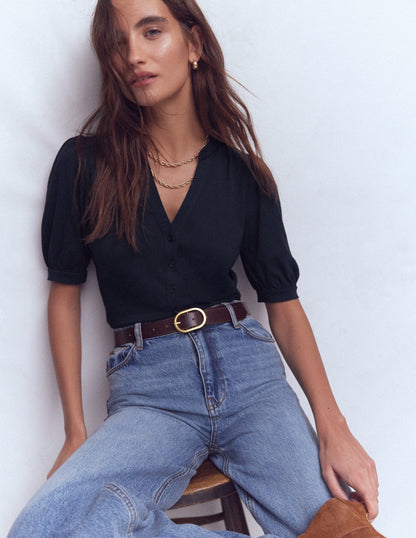 Short Sleeve Open Neck Henley-Navy-1