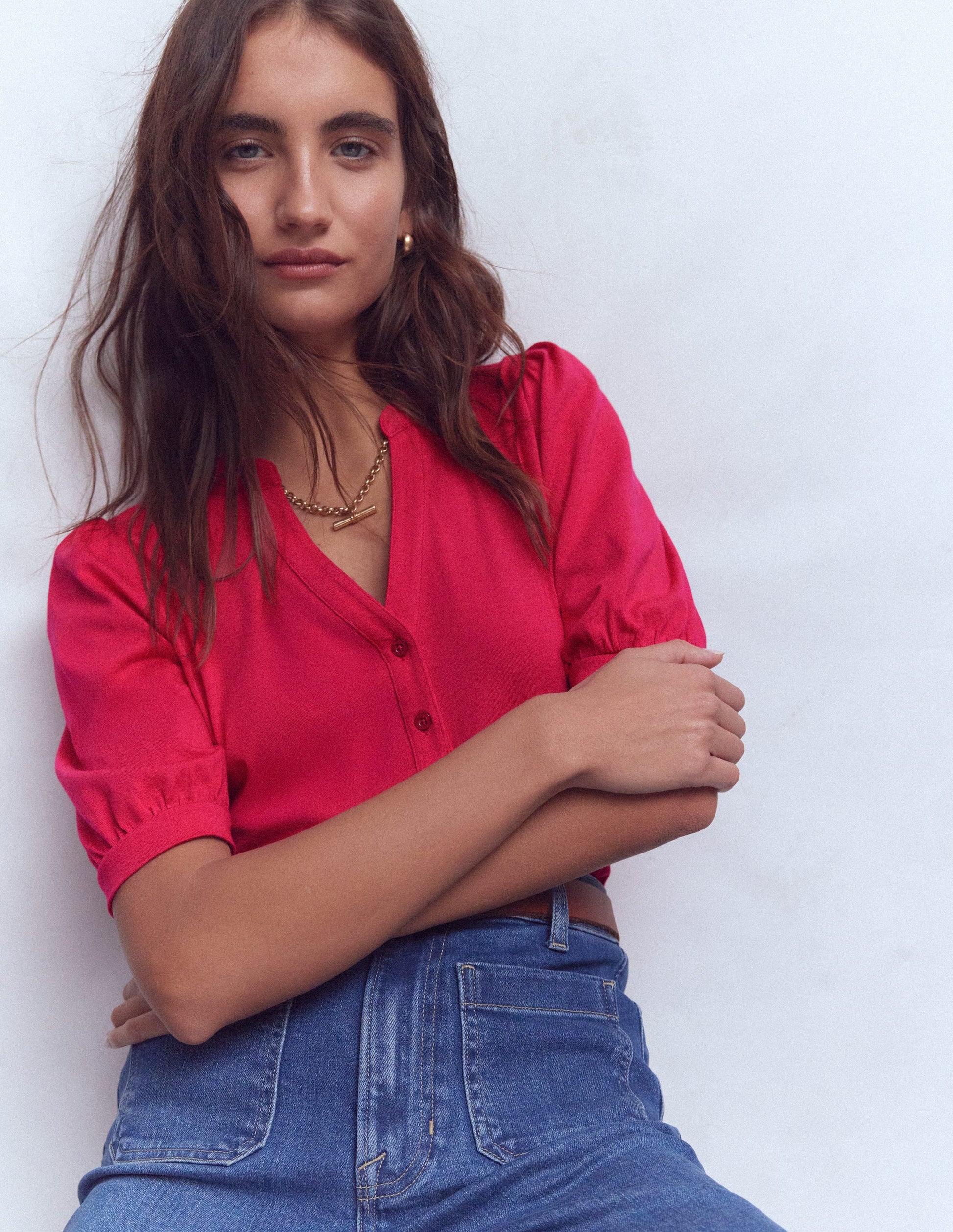 Short Sleeve Open Neck Henley-Pomegranate-1