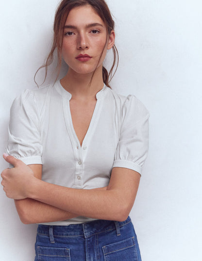 Short Sleeve Open Neck Henley-White-1