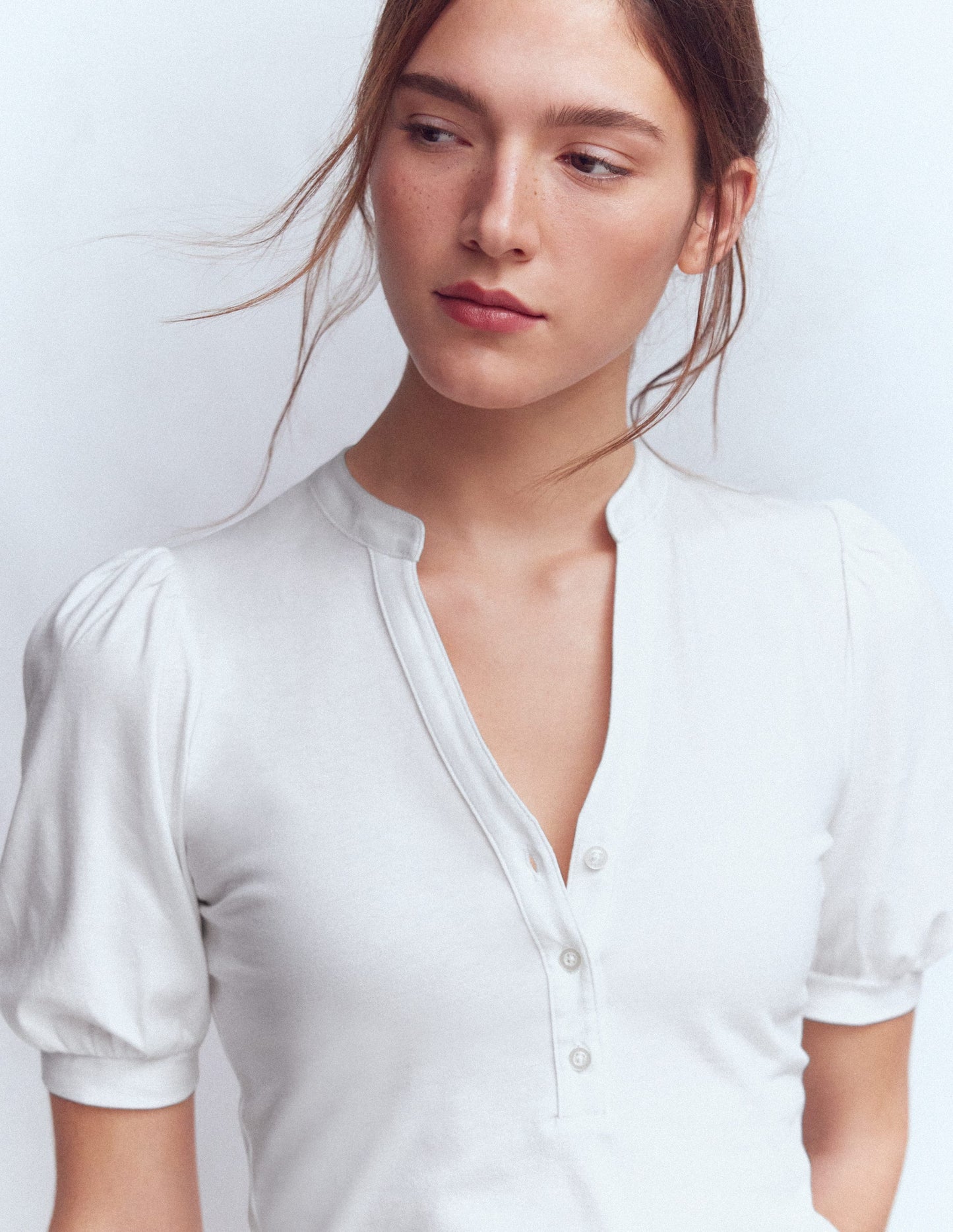 Short Sleeve Open Neck Henley-White