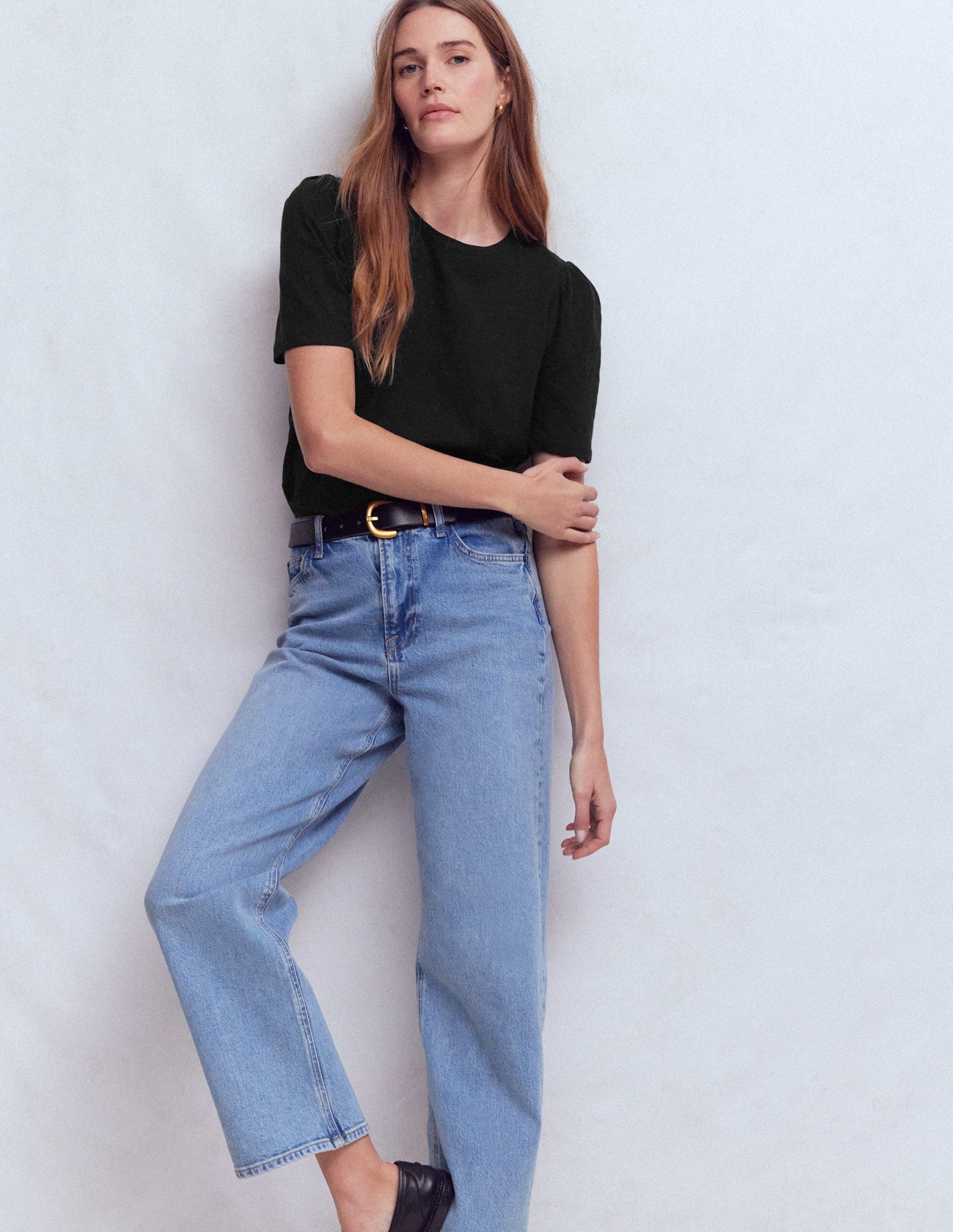 Pleat Sleeve T-shirt-Black