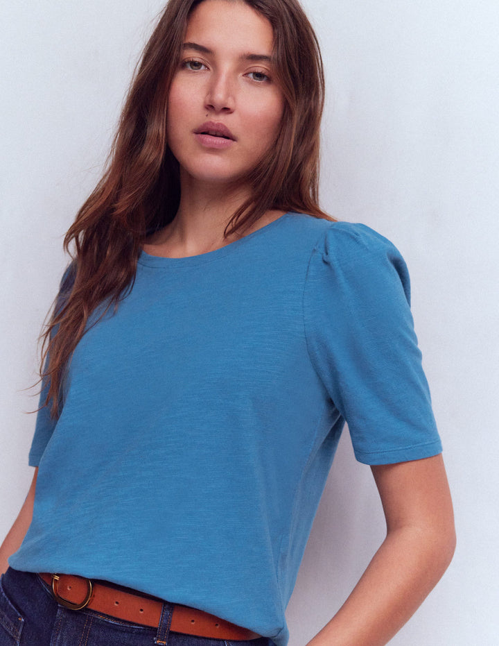 Pleat Sleeve T-shirt-Vallarta Blue