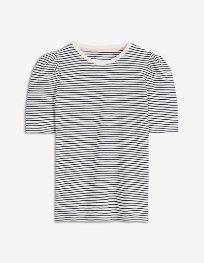 Pleat Sleeve T-shirt-Navy and Ivory Stripe-6