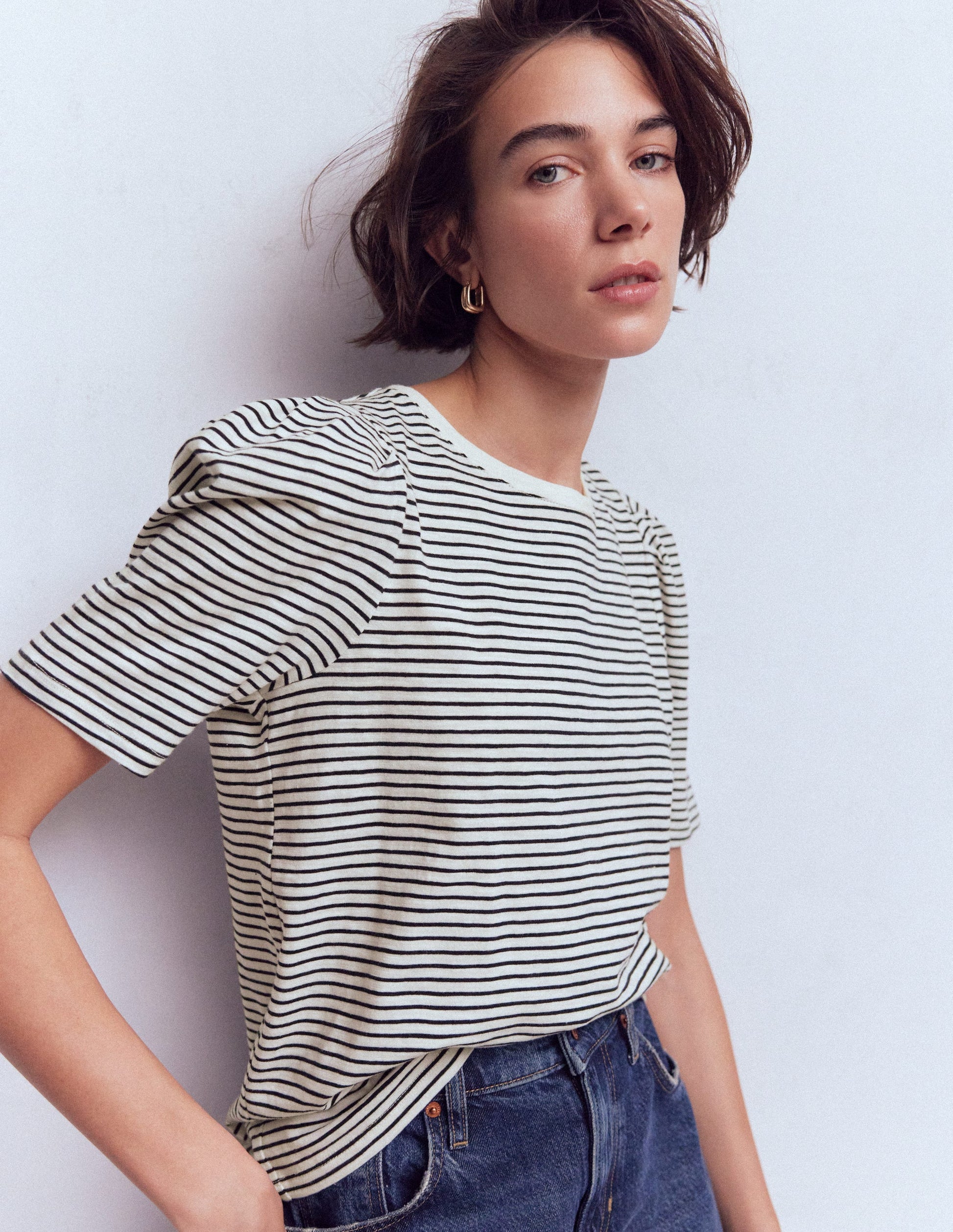 Pleat Sleeve T-shirt-Navy and Ivory Stripe-2
