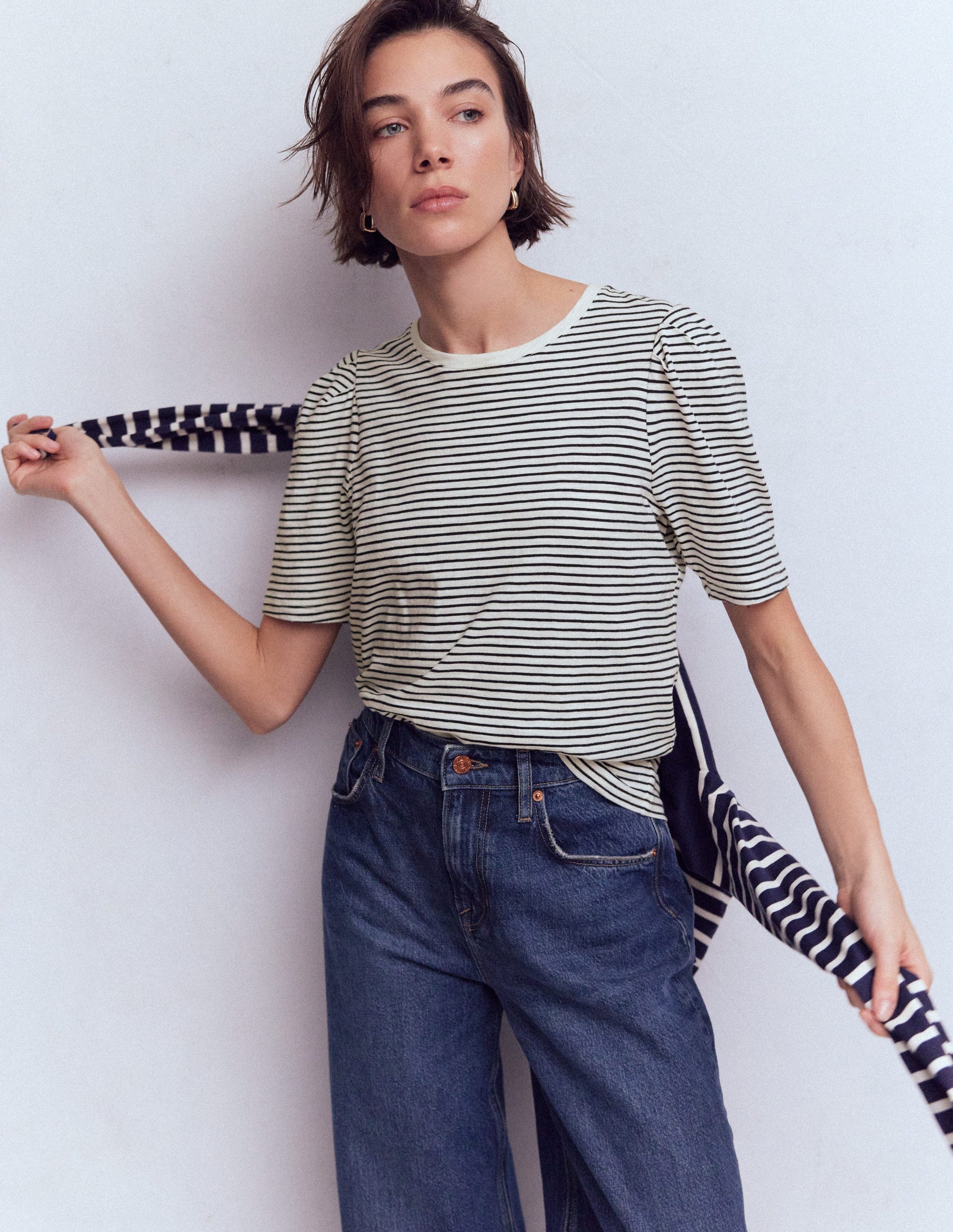 Pleat Sleeve T-shirt-Navy and Ivory Stripe-3