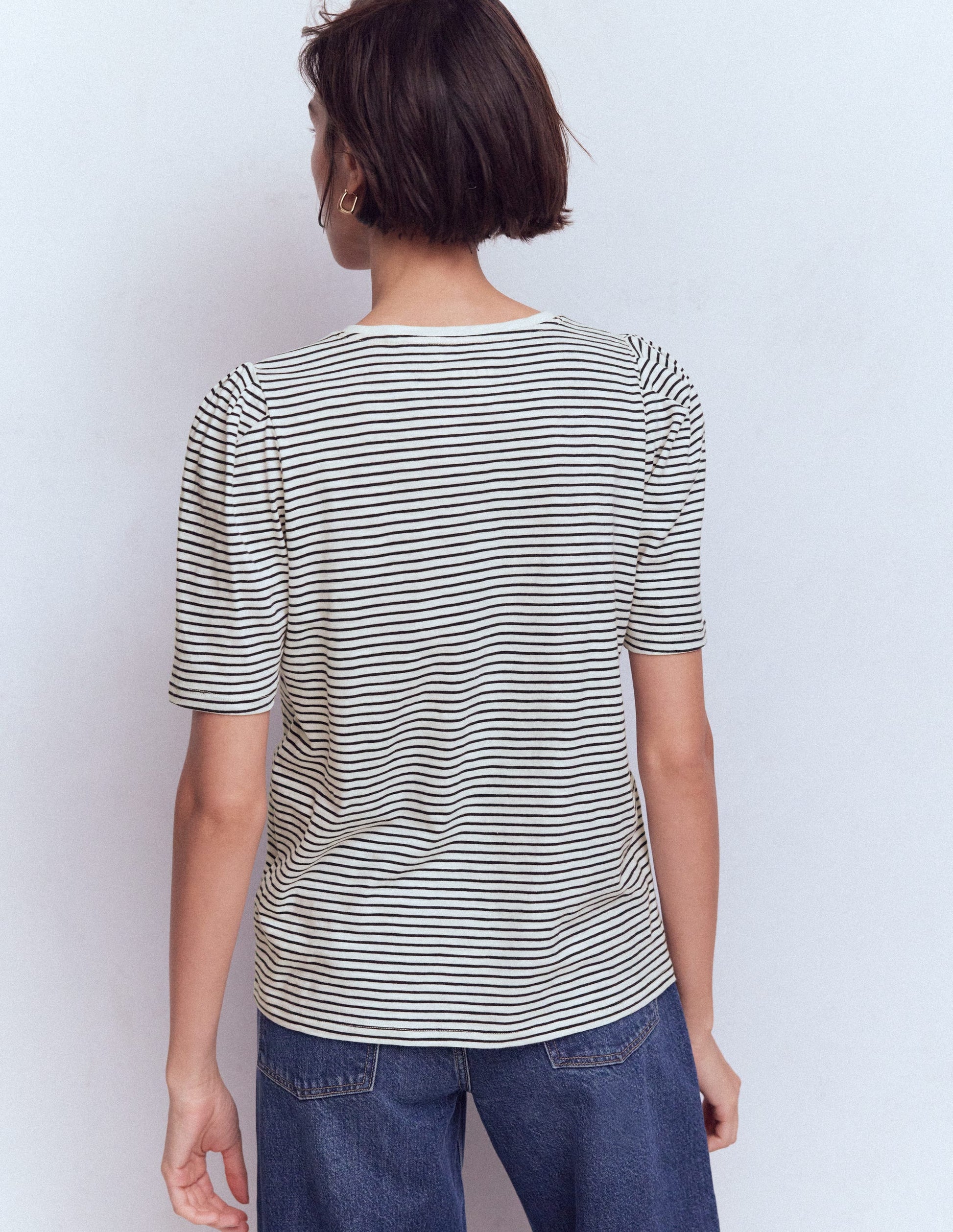 Pleat Sleeve T-shirt-Navy and Ivory Stripe-4