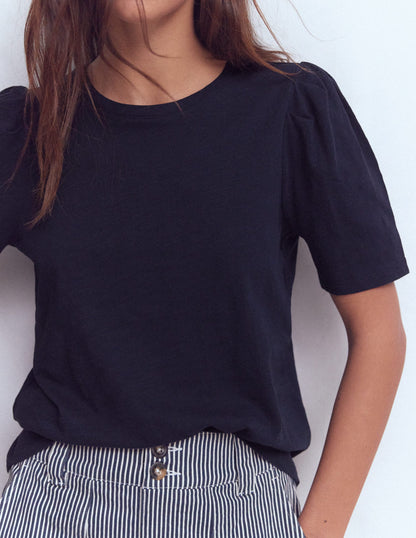 Pleat Sleeve T-shirt-Navy-2
