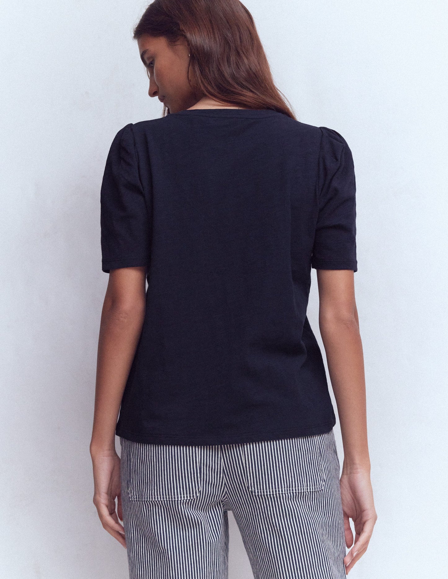 Pleat Sleeve T-shirt-Navy