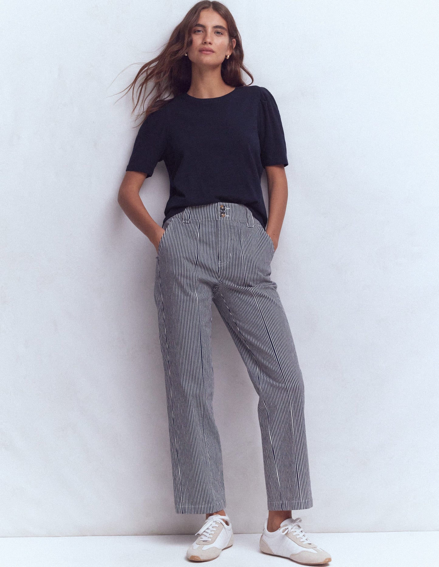 Pleat Sleeve T-shirt-Navy