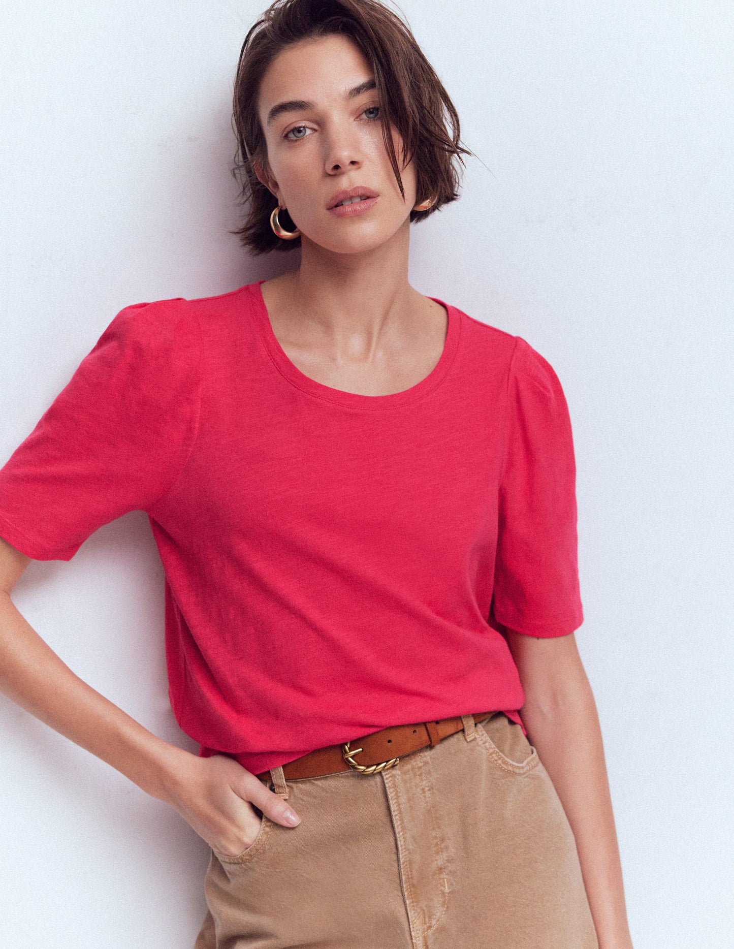 Pleat Sleeve T-shirt-Virtual Pink