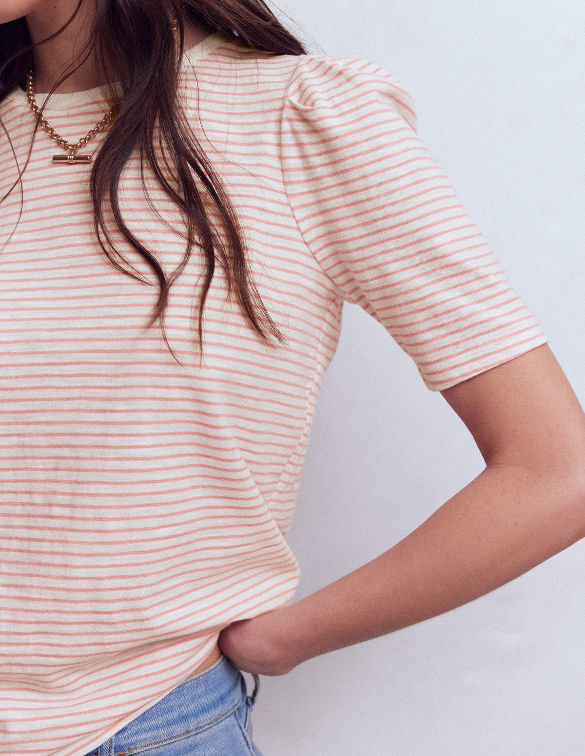 Sophie Puff Sleeve T-shirt-Formica Pink and Ivory Stripe - Image 2