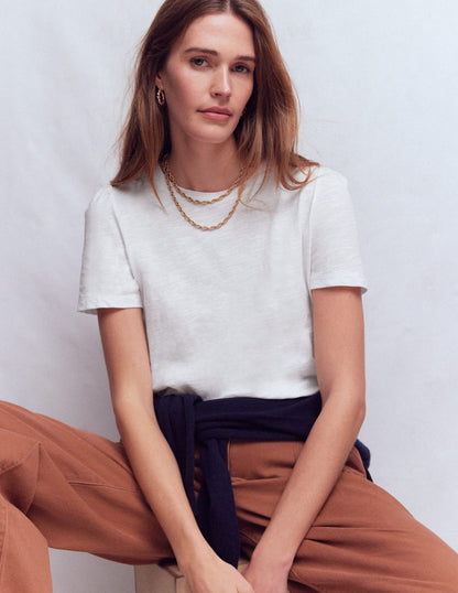 Pleat Sleeve T-shirt-White-1