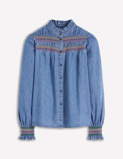 Esme Smocked Denim Frill Top-Light Vintage-7