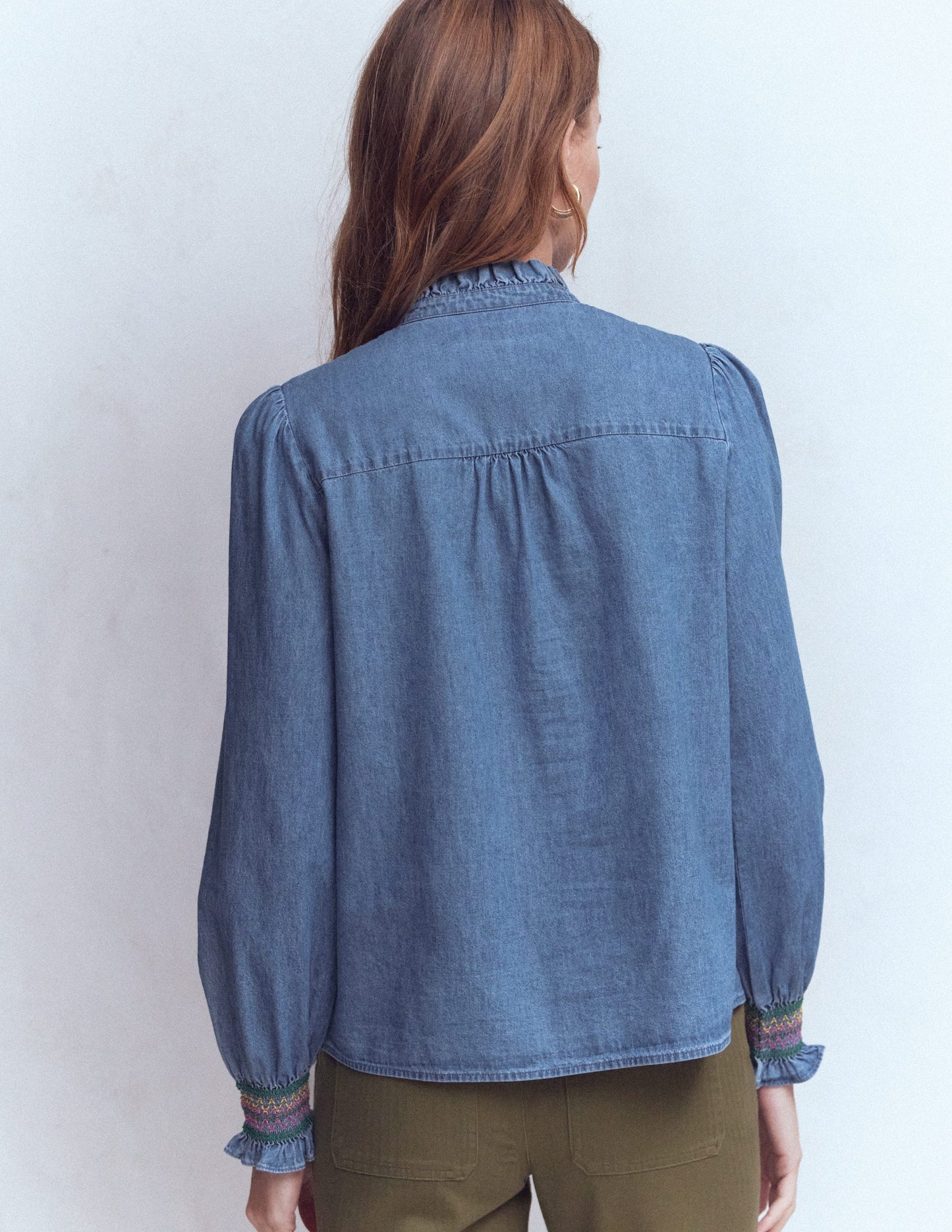 Esme Smocked Denim Frill Top-Light Vintage