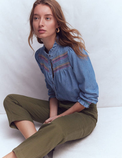 Esme Smocked Denim Frill Top-Light Vintage-5