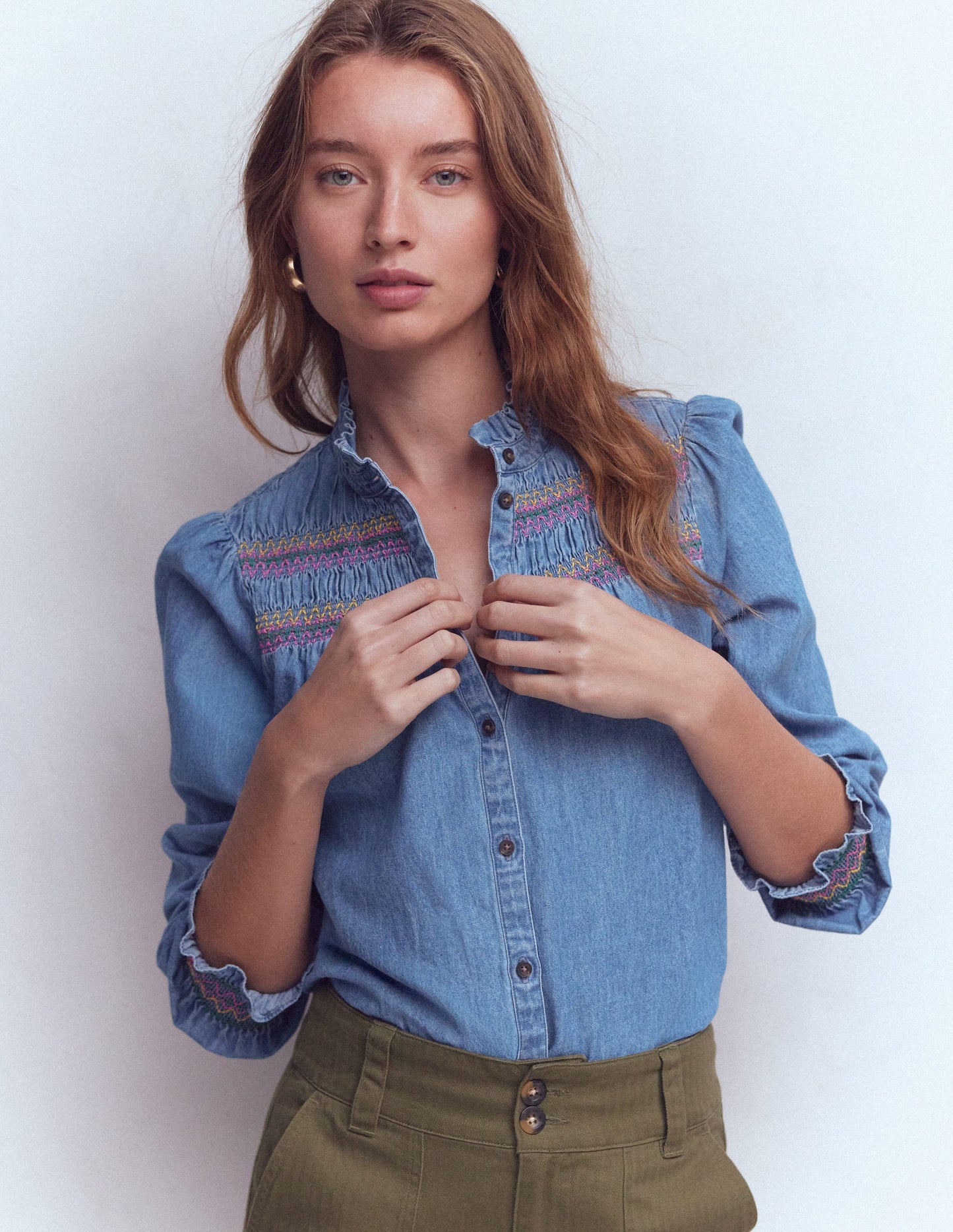 Esme Smocked Denim Frill Top-Light Vintage