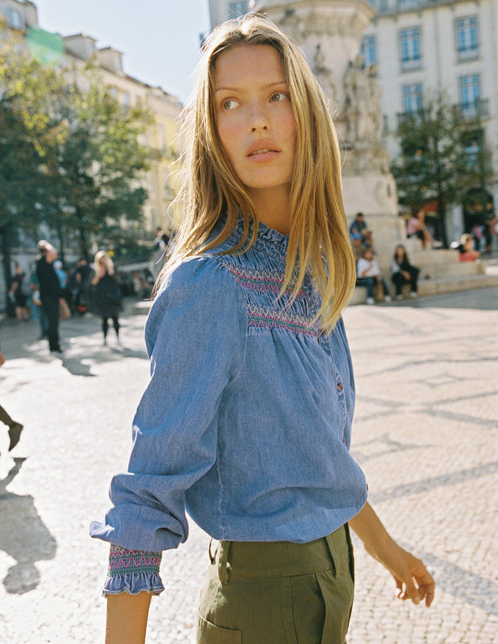 Esme Smocked Denim Frill Top-Light Vintage