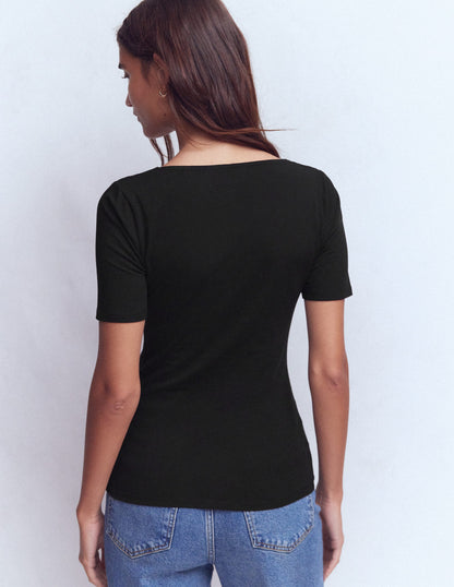 Double Layer Square Neck Tee-Black-3