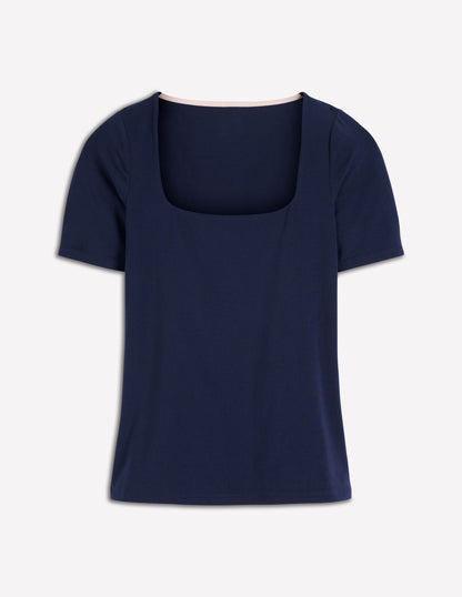 Double Layer Square Neck Tee-Navy-5