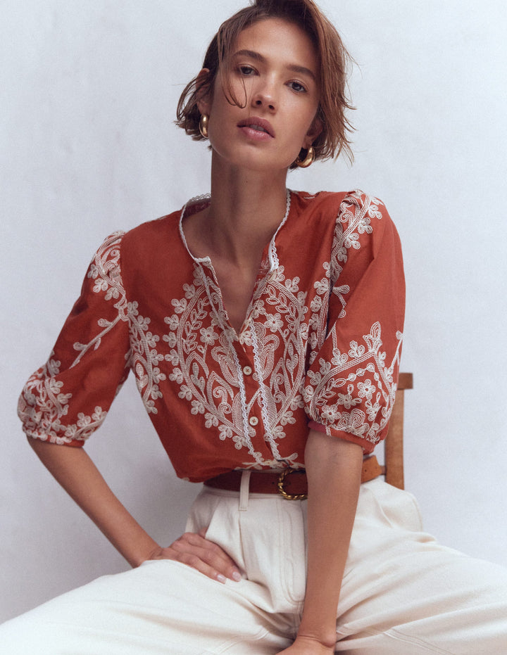 Leah Short Sleeve Interest Top-Red Floral Embroidery