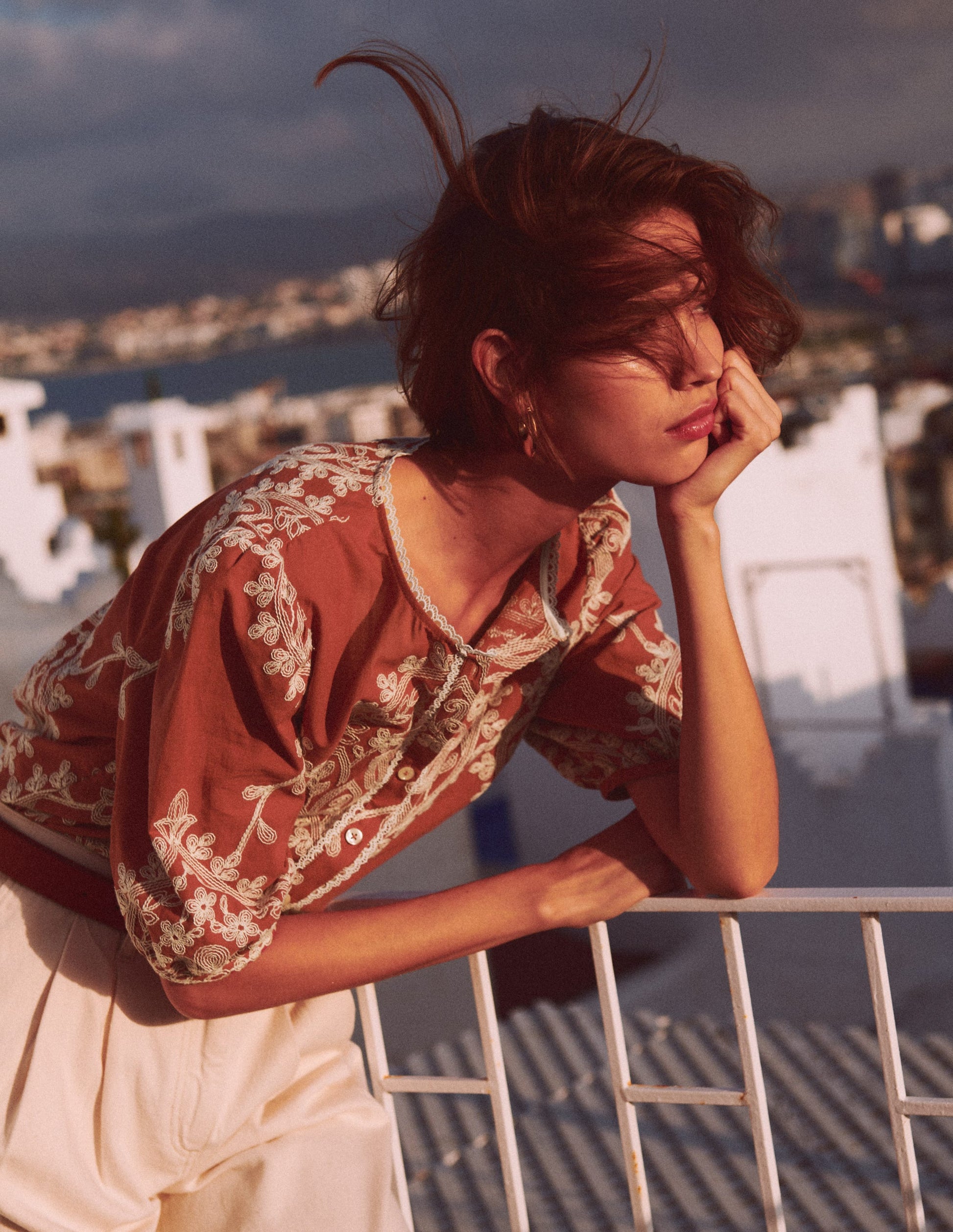 Leah Short Sleeve Interest Top-Red Floral Embroidery-5