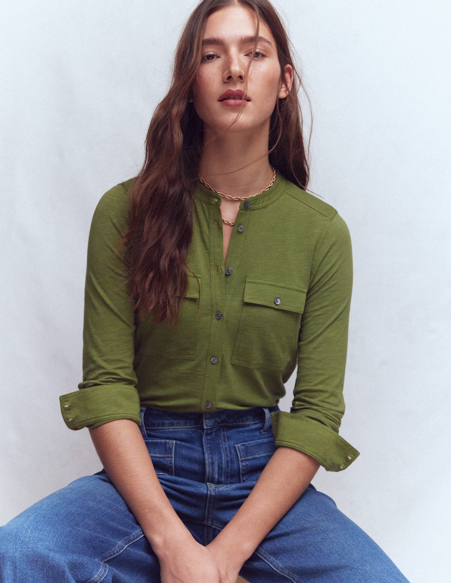 Topstitched Pocket Shirt-Woodland Green