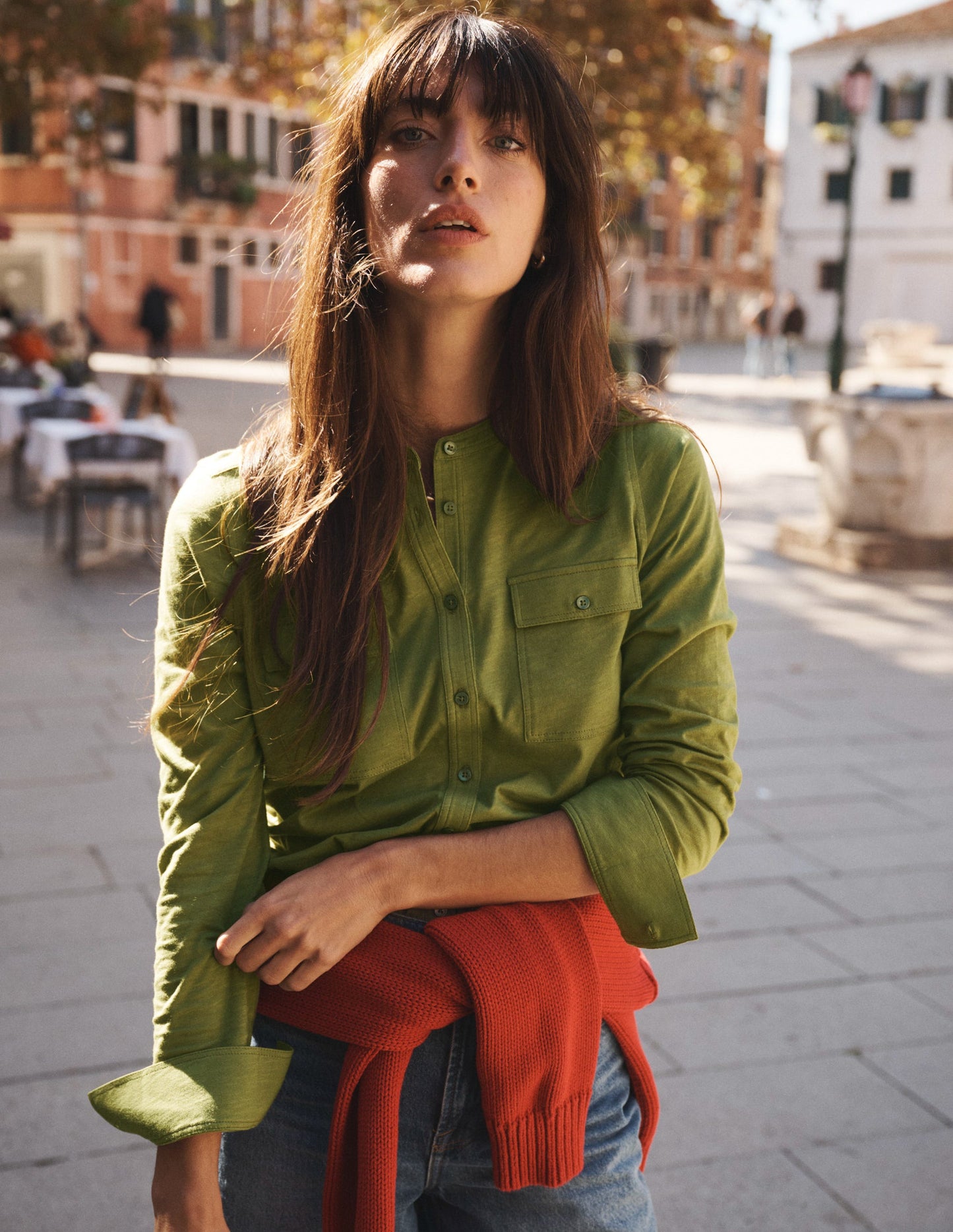 Topstitched Pocket Shirt-Woodland Green