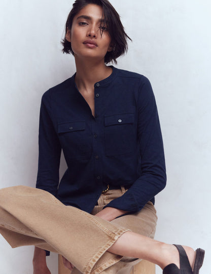 Topstitched Pocket Shirt-Navy-1