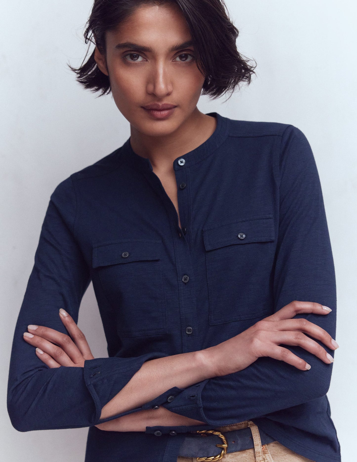 Topstitched Pocket Shirt-Navy