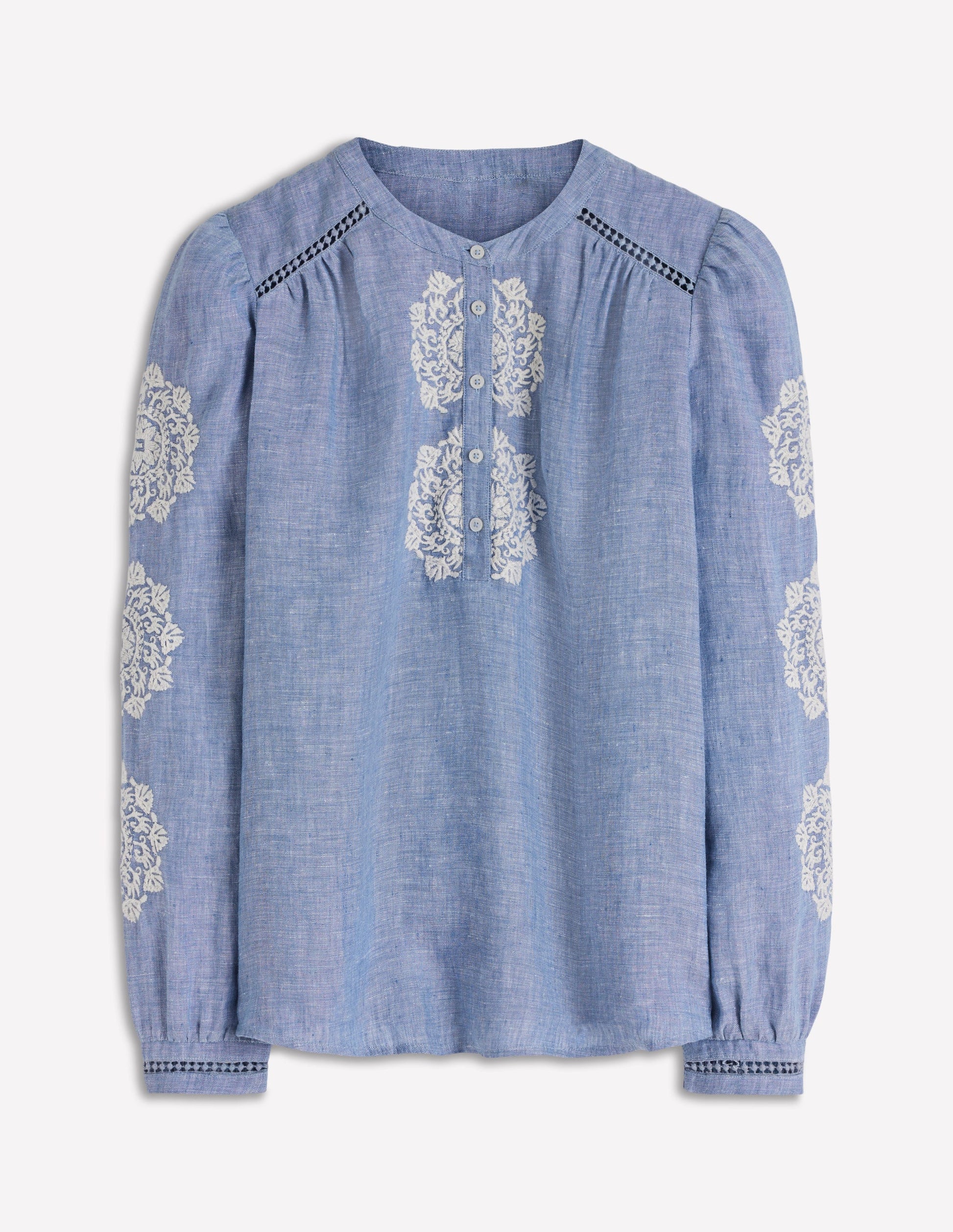 Embroidered Trim Interest Top-Chambray, Ivory Embroidery-5