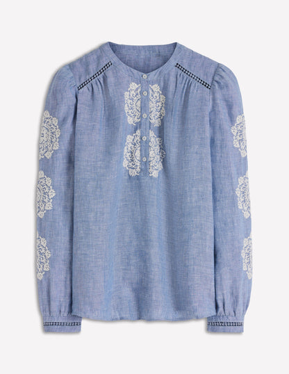 Embroidered Trim Interest Top-Chambray, Ivory Embroidery-5