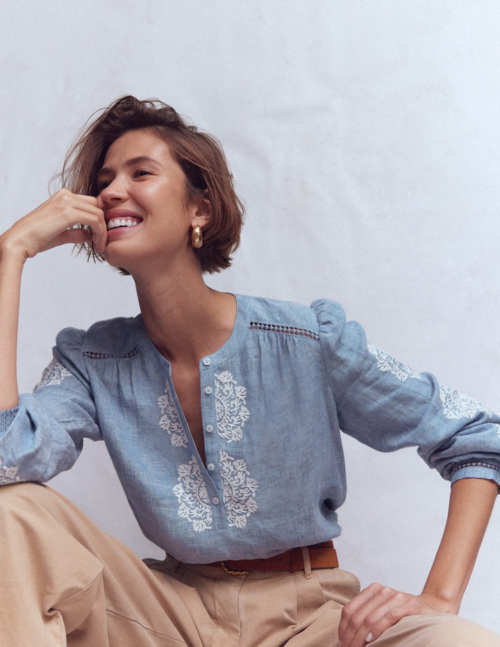 Embroidered Trim Interest Top-Chambray