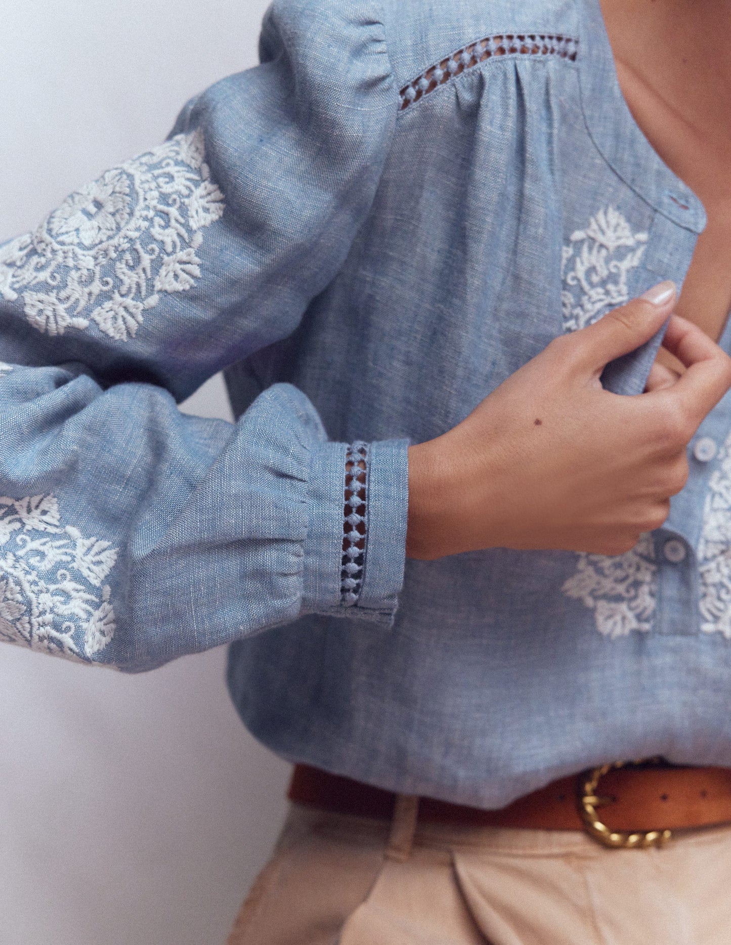Embroidered Trim Interest Top-Chambray, Ivory Embroidery