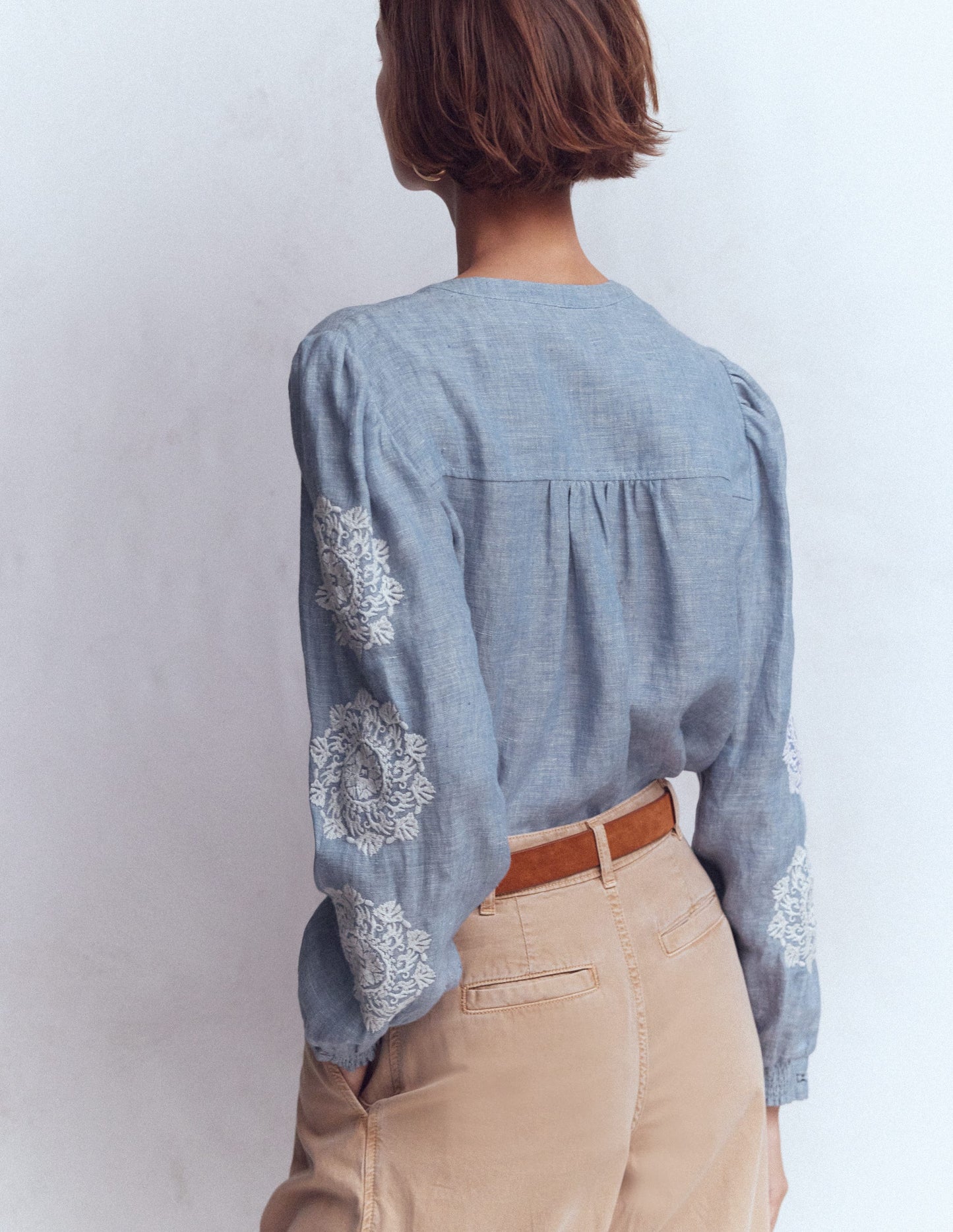 Embroidered Trim Interest Top-Chambray, Ivory Embroidery
