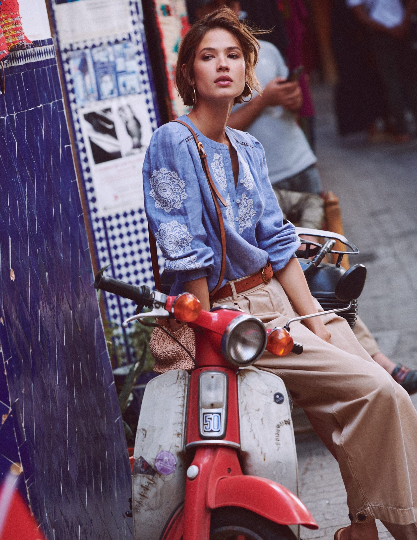 Embroidered Trim Interest Top-Chambray, Ivory Embroidery
