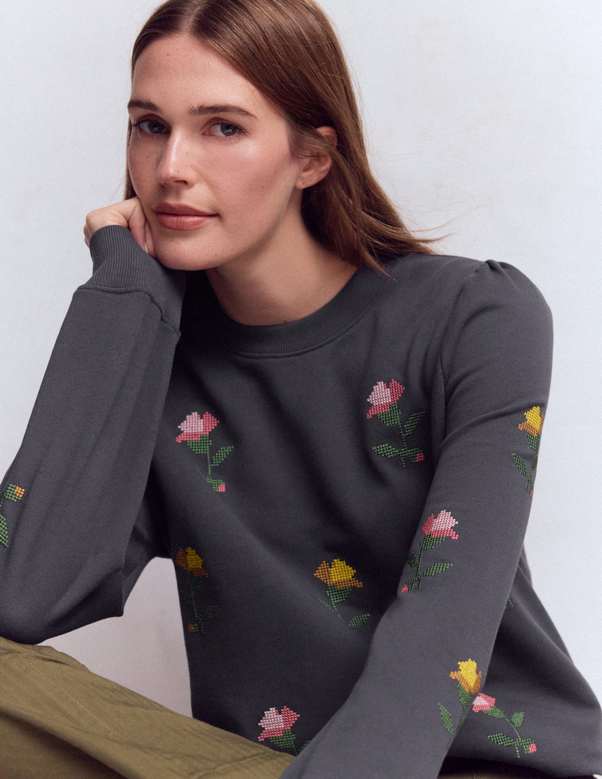 Puff Sleeve Embroidered Sweat-Cross Stitch Flower Embroidery - Image 1