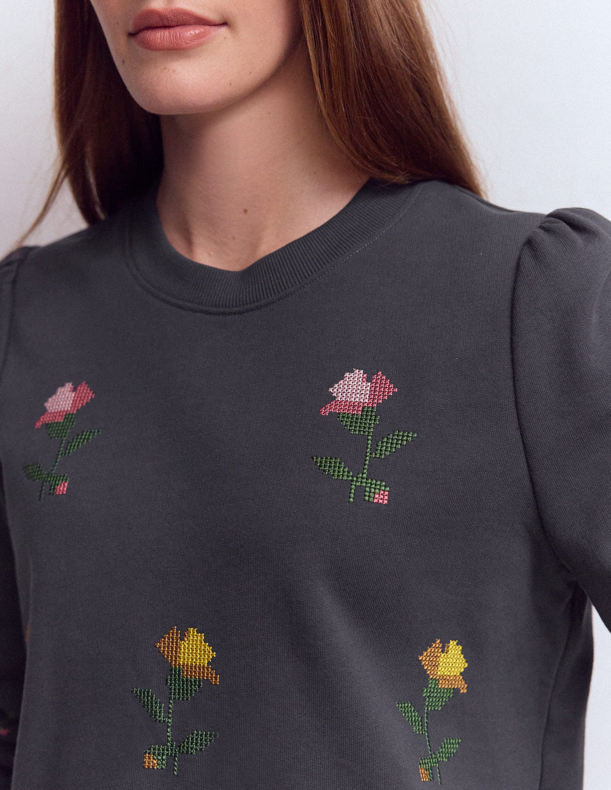 Puff Sleeve Embroidered Sweat-Cross Stitch Flower Embroidery - Image 2