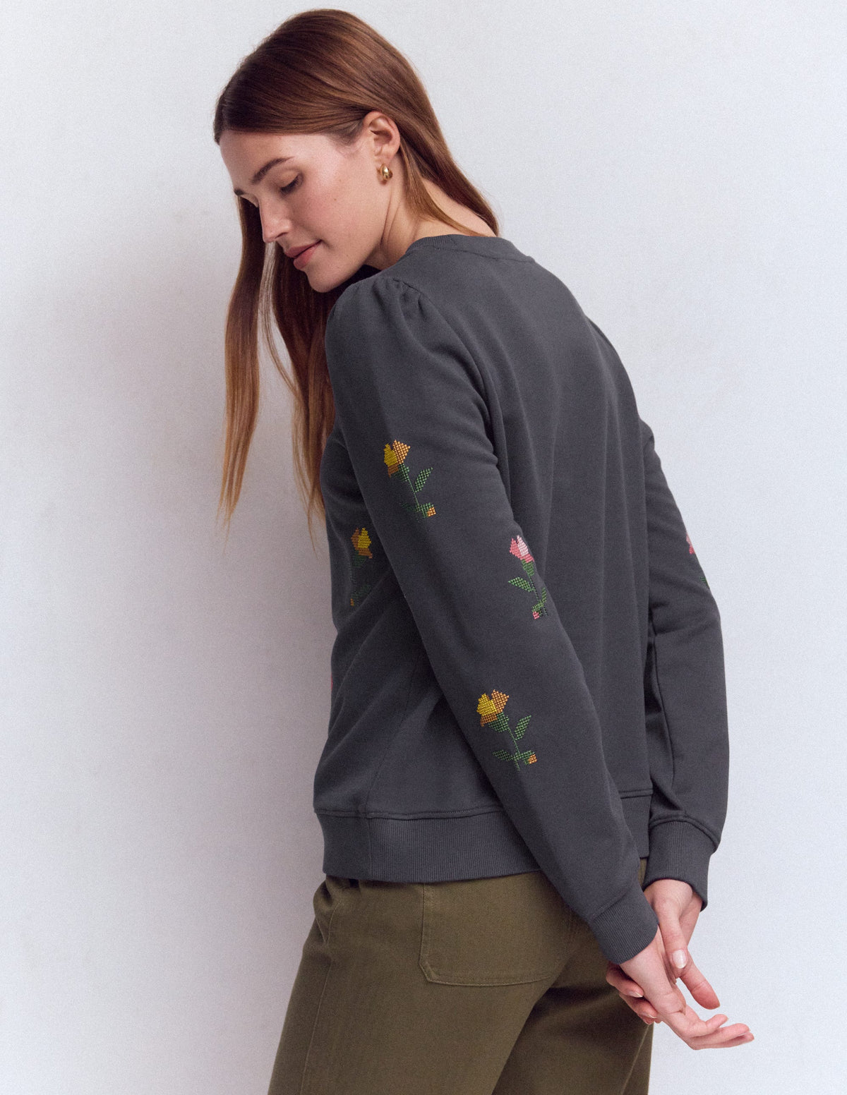 Puff Sleeve Embroidered Sweat-Cross Stitch Flower Embroidery - Image 3