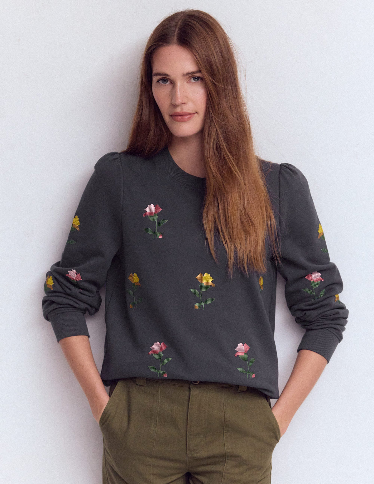 Puff Sleeve Embroidered Sweat-Cross Stitch Flower Embroidery - Image 4