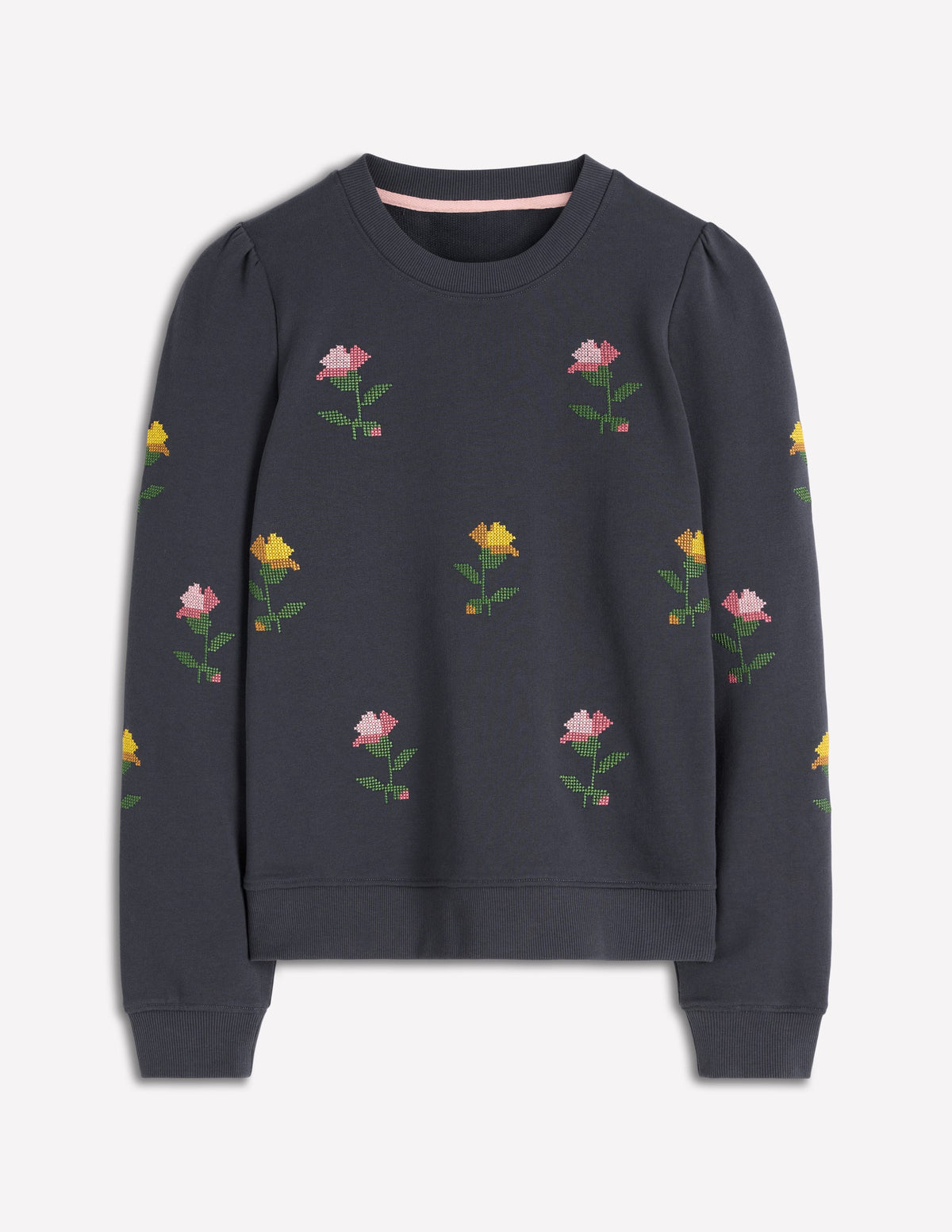 Puff Sleeve Embroidered Sweat-Cross Stitch Flower Embroidery - Image 5