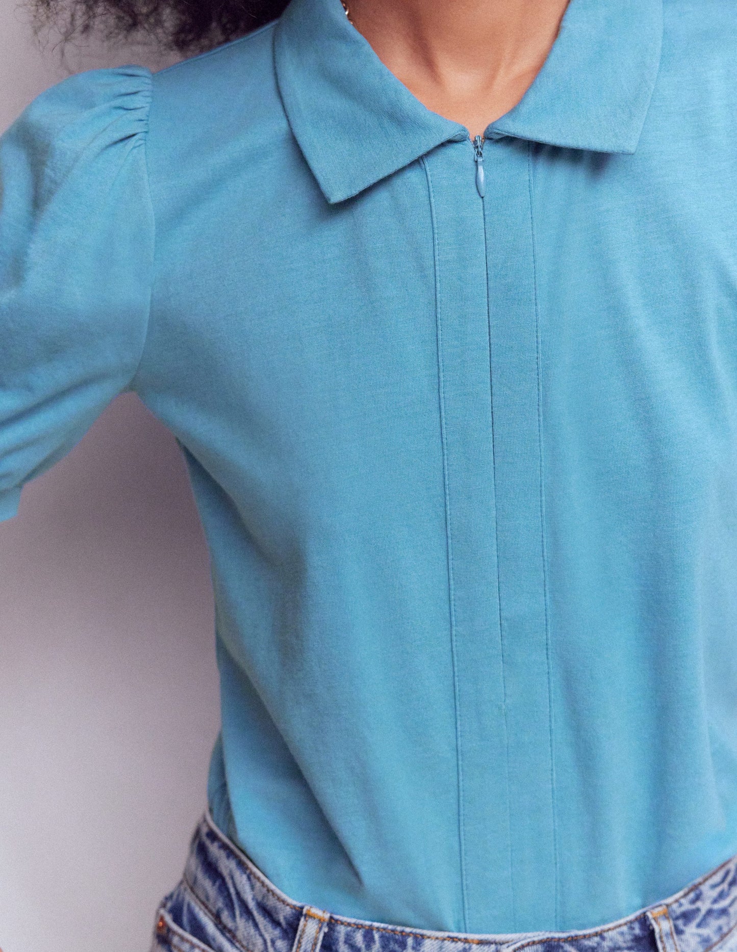 Short Sleeve Zip Collar Top-Silver Lake